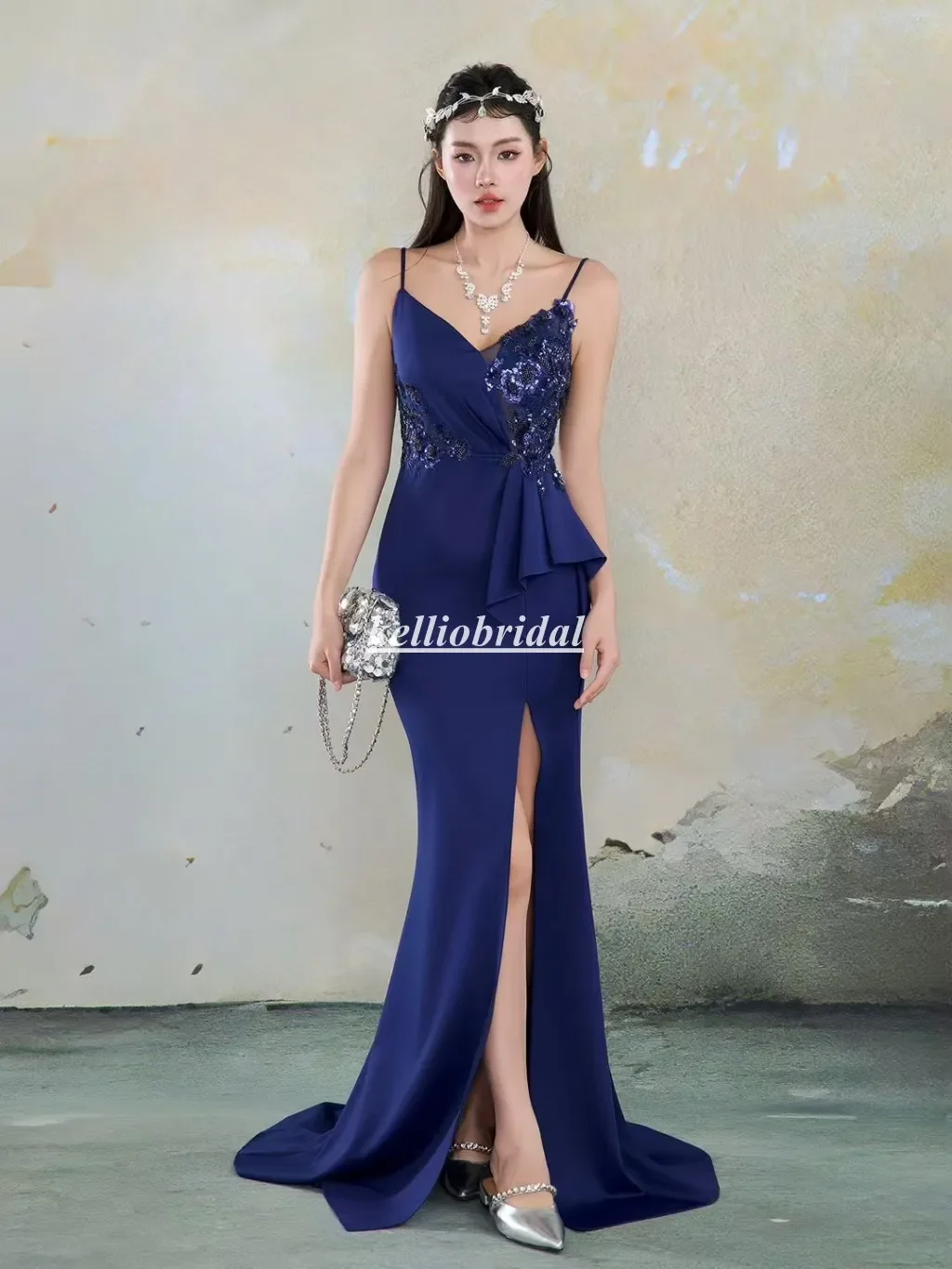 Robe de soirée bleu marine personnalisée, bretelles Spaghetti, dentelle appliquée, sirène, mode dame, robe de célébrité, MXY202510