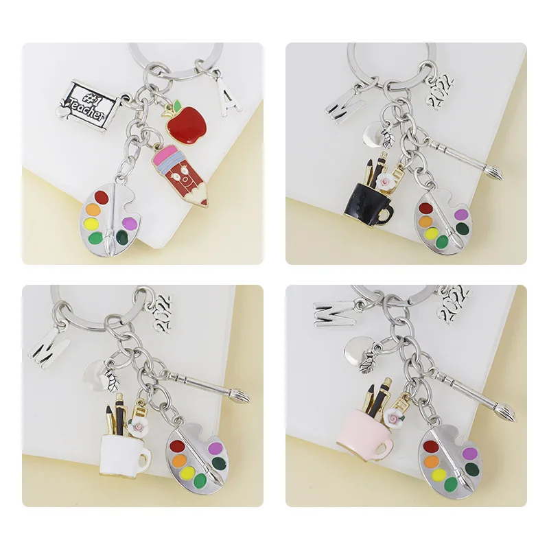 Creative Alloy Drop Oil Painting Board Pencil Keychain Backpack Ornaments Hand-painted Student Gift Pendant