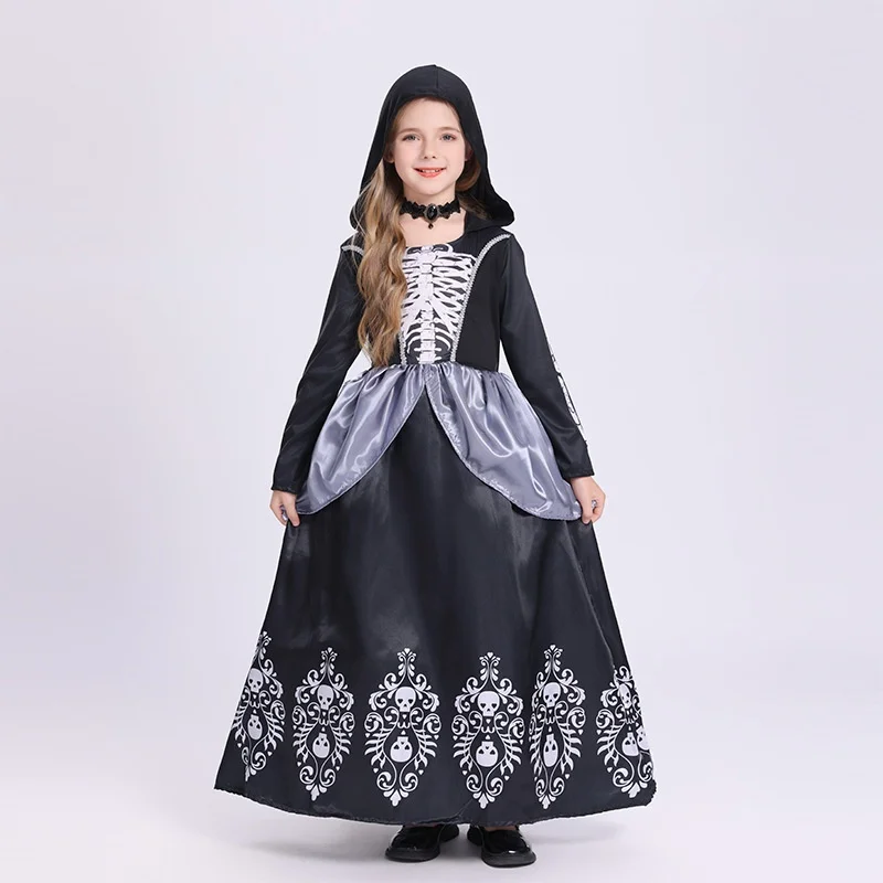 

Костюм на Хэллоуин для девочек, наряд со скелетом, черная ведьма, террор, одежда для ролевых игр, китайский производитель, весна 2025 г.