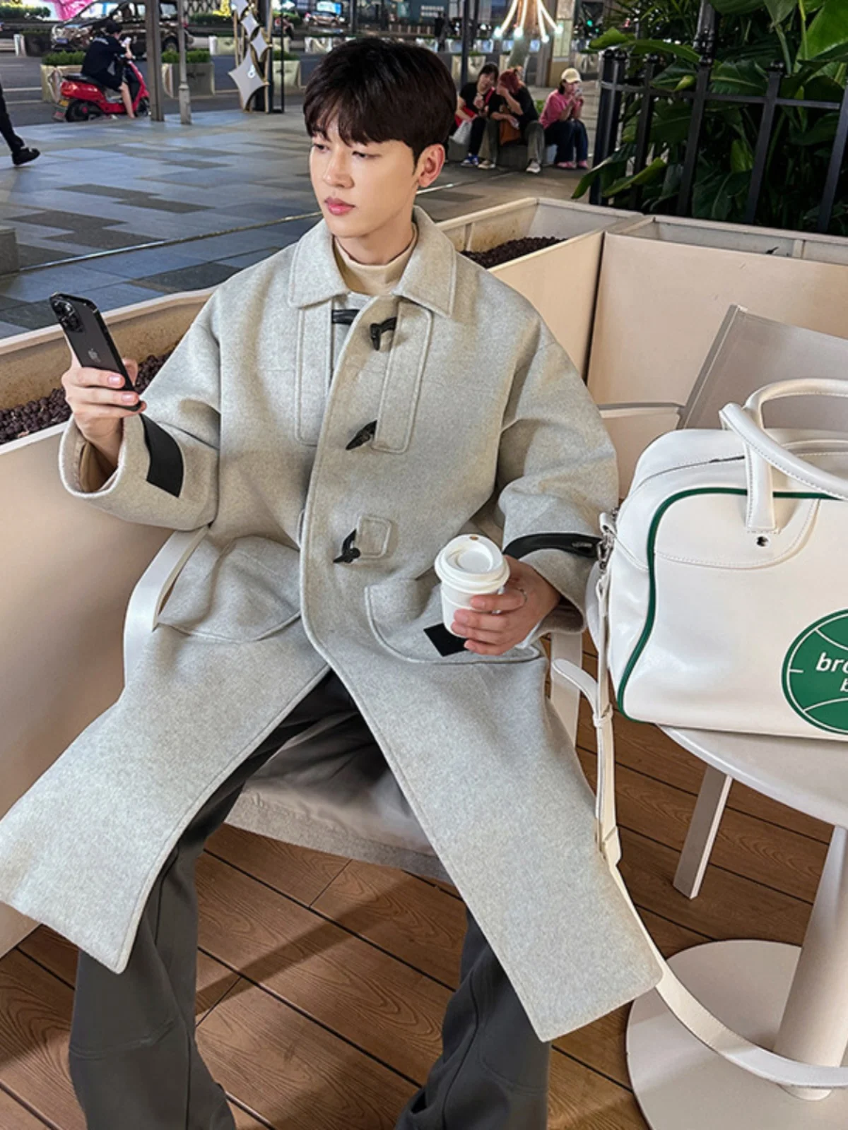 

Korean Sle Winter New Men's Faionable Woolen Coat Loose Fit Urban Sle Mid-Length Single Button Closure Windbreaker