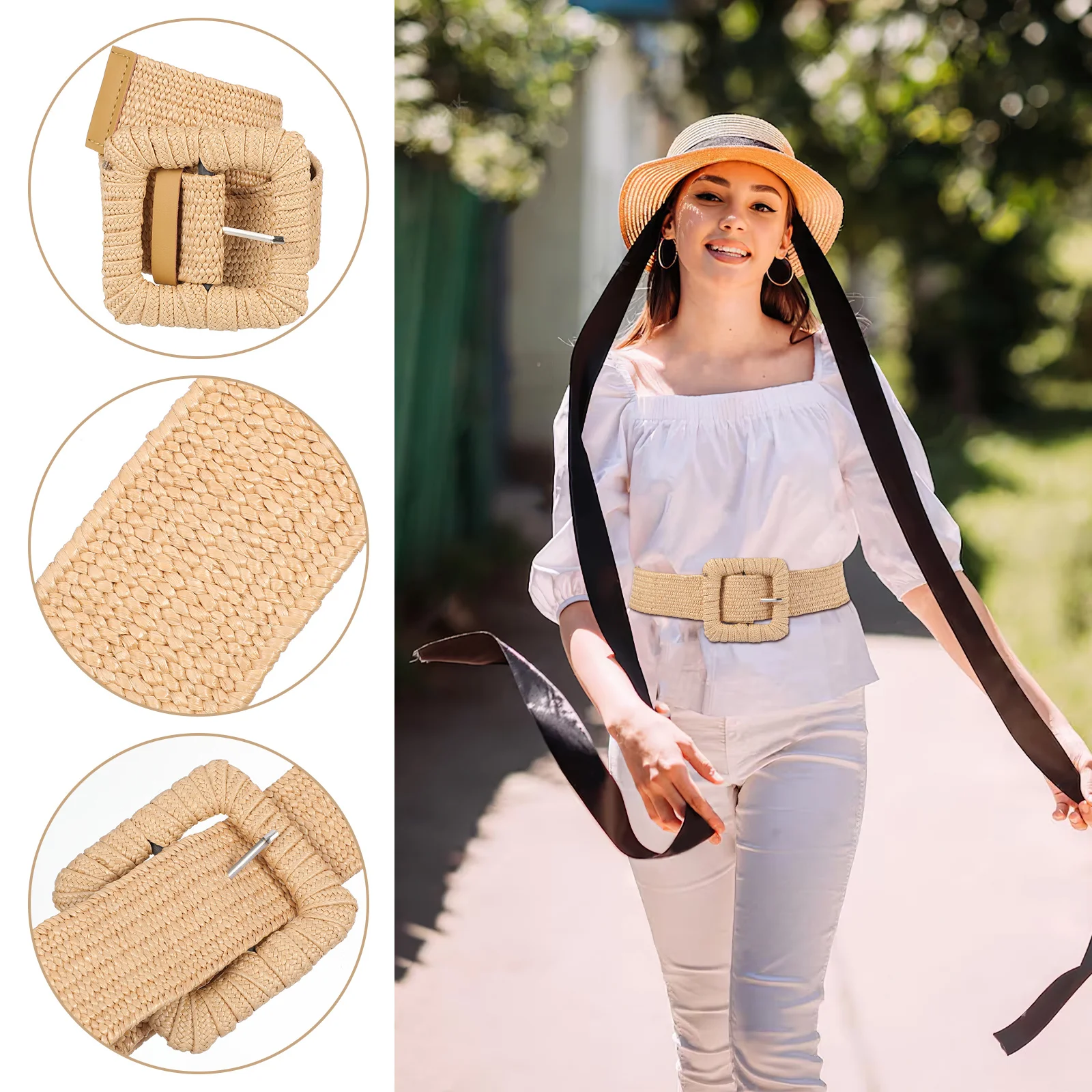 

Women Wide Elastic Waist Belt Square Buckle Adjustable Braided Woven Dress Belt Casual Decorative Accessory Women Accessory