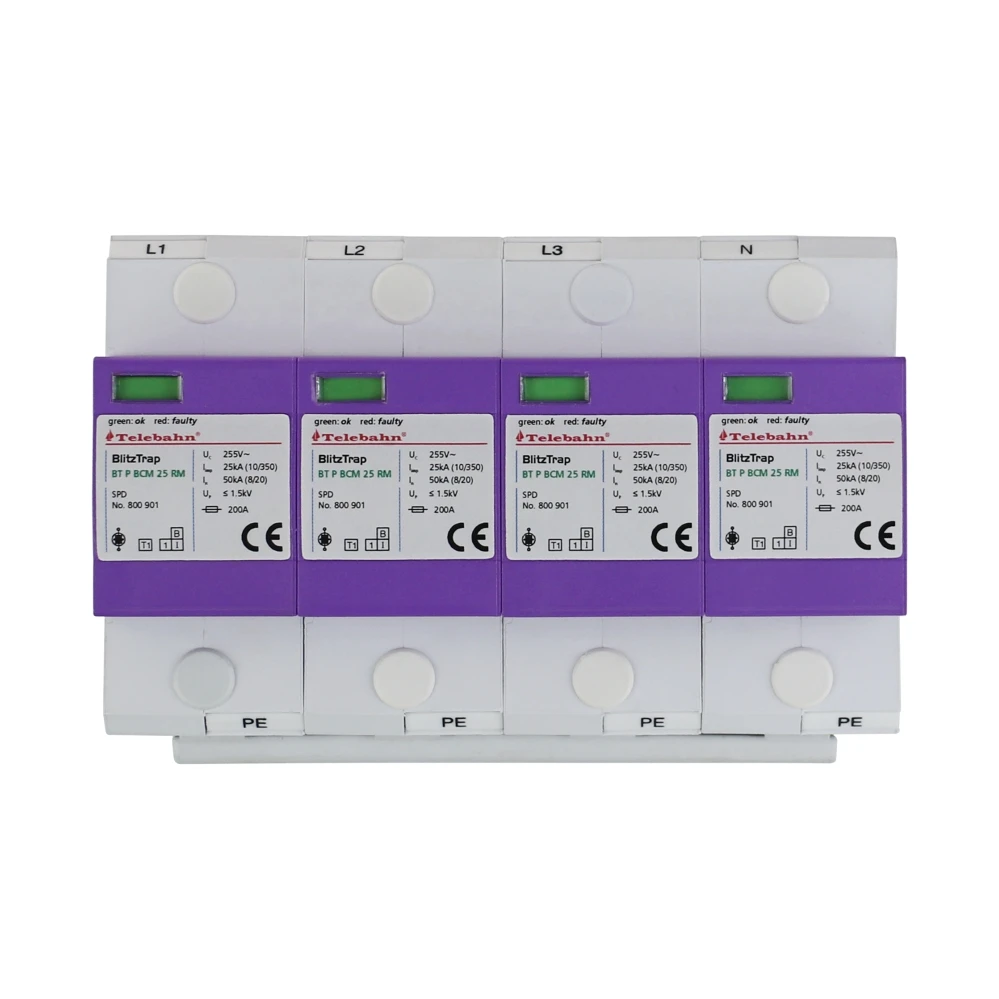 255V AC T1+T2 25kA 4P Telebahn Three-Phase Five-Wire TNS Surge Protector Surge Protection SPD for Main Distribution Boards