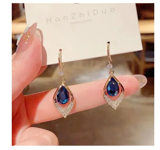 Fashion long middle-aged triangle earrings, women's diamond earrings, gemstone blue new style