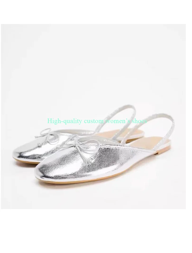 

Round Toe gold Bow Decorative Women's Summer Sandals Asakuchi Elastic Band Finishing Luxurious Banquet Flat Shoes