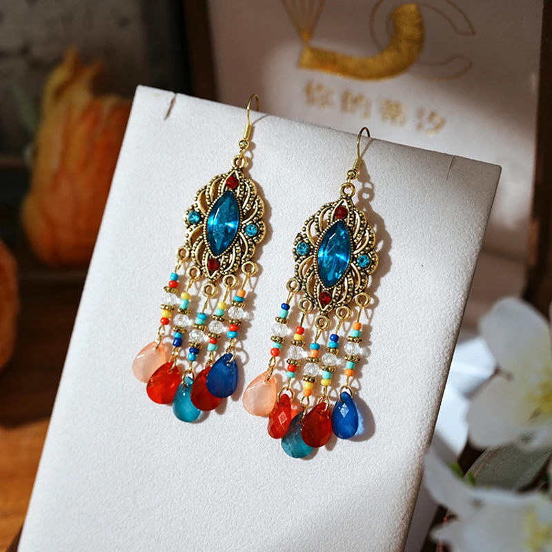 Neue Böhmische Ethnische Bunte Wasser Tropfen Quaste Ohrringe für Frauen Lange Hohl Antike Gold Farbe Baumeln Ohrring Pendientes Mujer – Detail 7