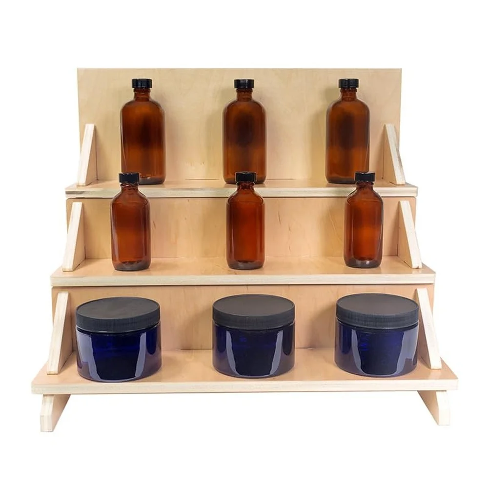 Wooden 3 Tier Narrow Countertop Step Display Collapsible 18″W – Tiered Product Display Stand with Inner Shelf for