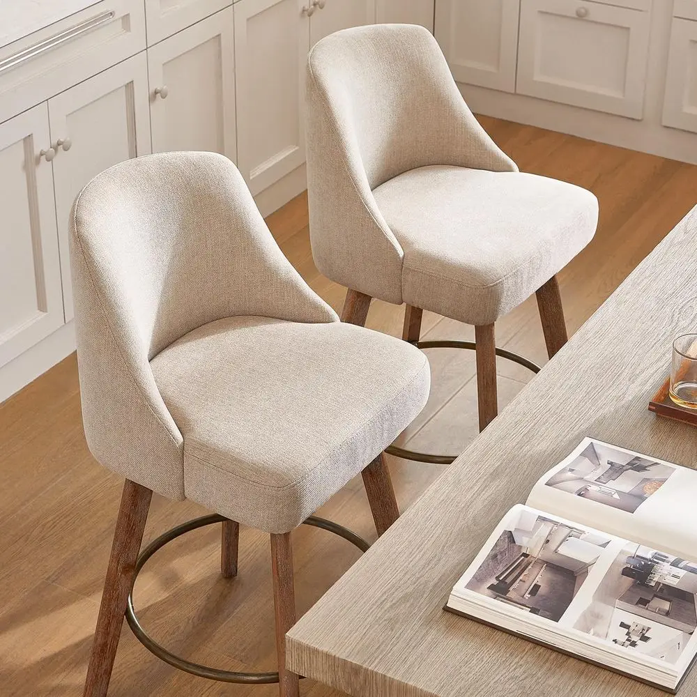 Swivel Bar Stools Set of 2 with Solid Wood Legs, 26 High, Sand Linen Fabric, 360° Rotation