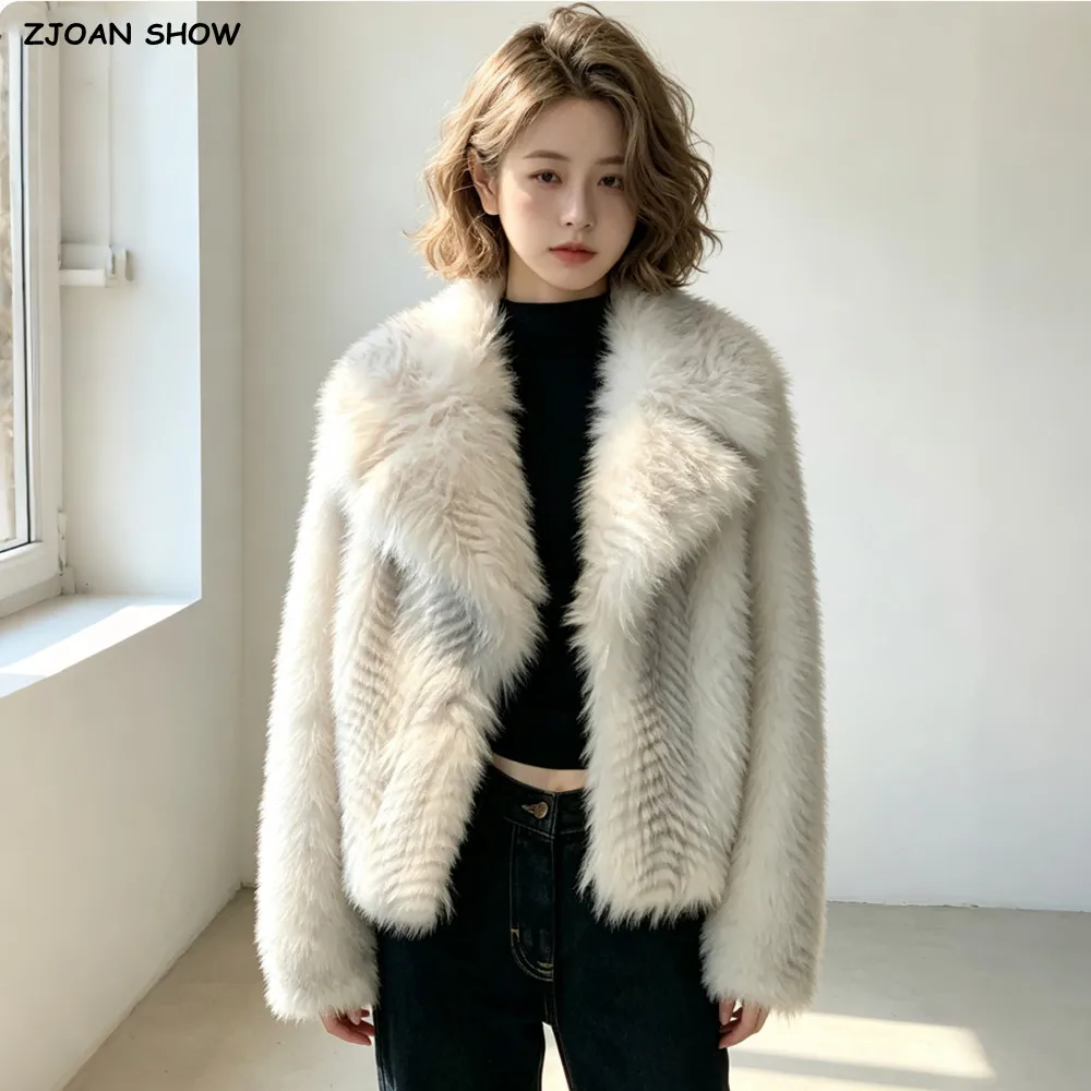Winter Women Light Gray With Gray Tips Long Hairy Fox Faux Fur Coat Lapel Collar Long Sleeve Furry Warm Jacket Short Outerwear