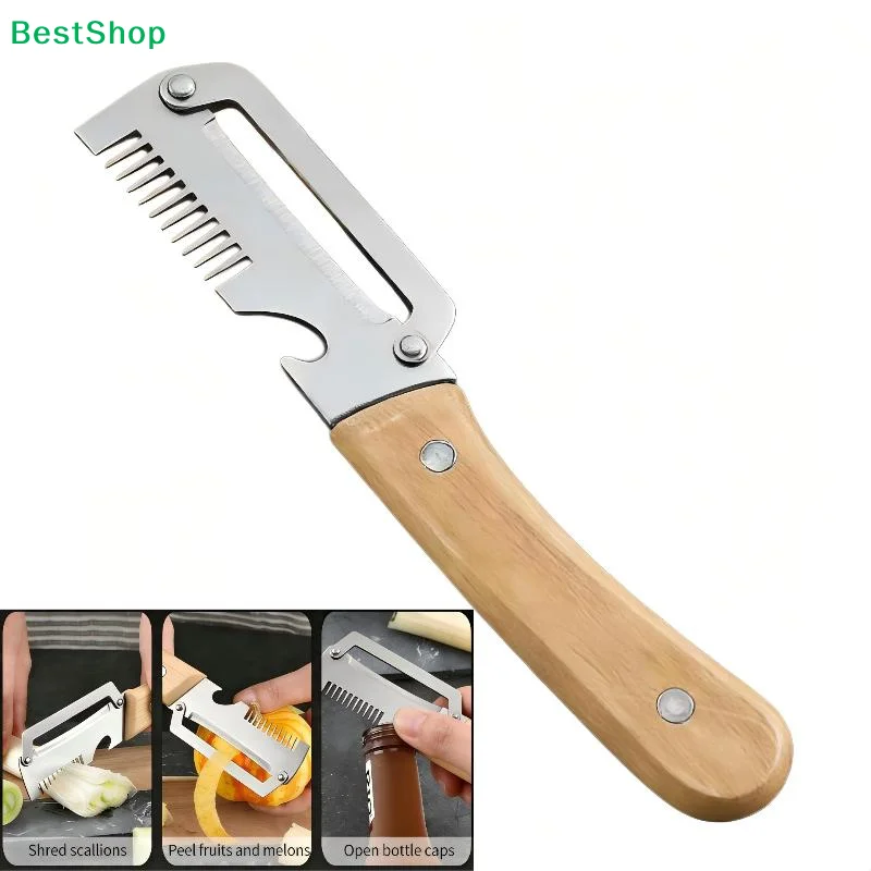 ☭Multifunctional Stainless Steel Peeler with Wooden Handle,3-in-1 Scallion Shredder Fruit Peeler Bottle Opener for Kitchen