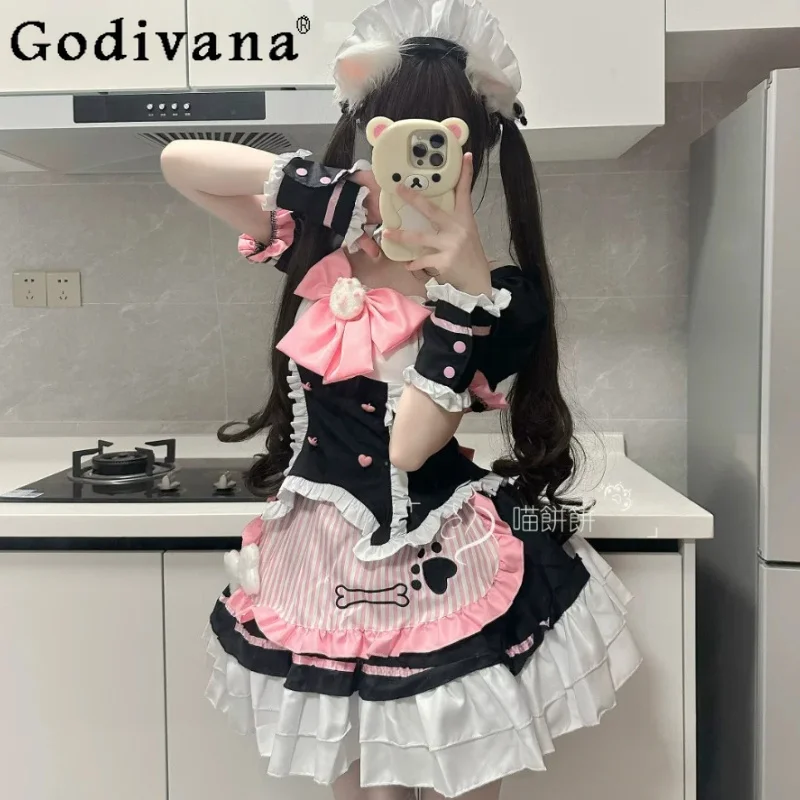 

L-5XL Plus Size Japanese Cute Maid Cos Uniform Lolita Cake Skirt Sweet Bow Ruffles Short Sleeve Square Neck Tops Sweet Sets