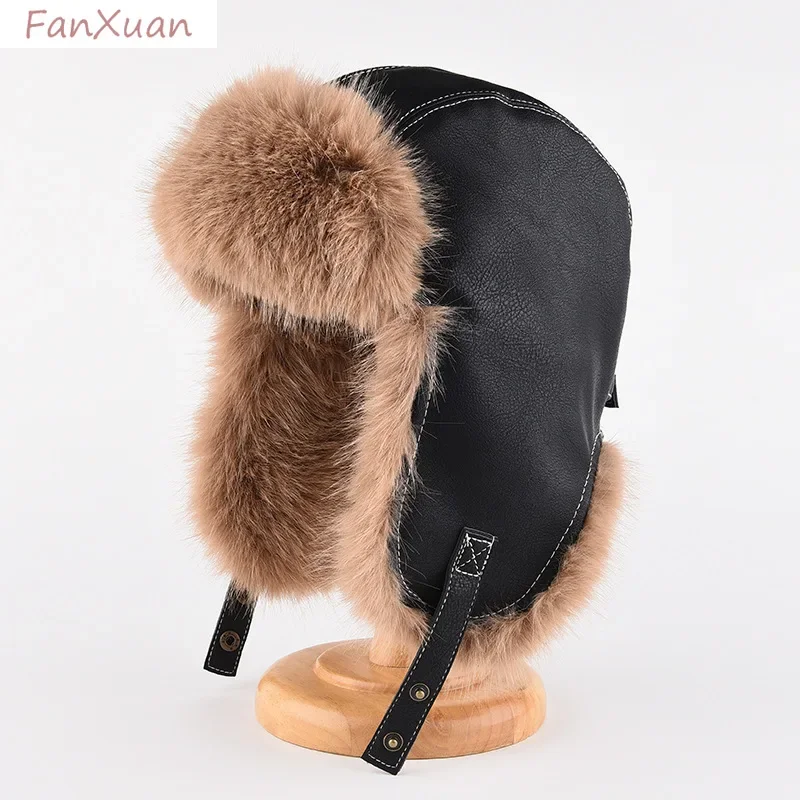 Vintage Faux Leather Faux Fur Ear Flap Trapper Hat Winter Thick Warm Windproof Snow Hat for Men Women Daily Ski Wear