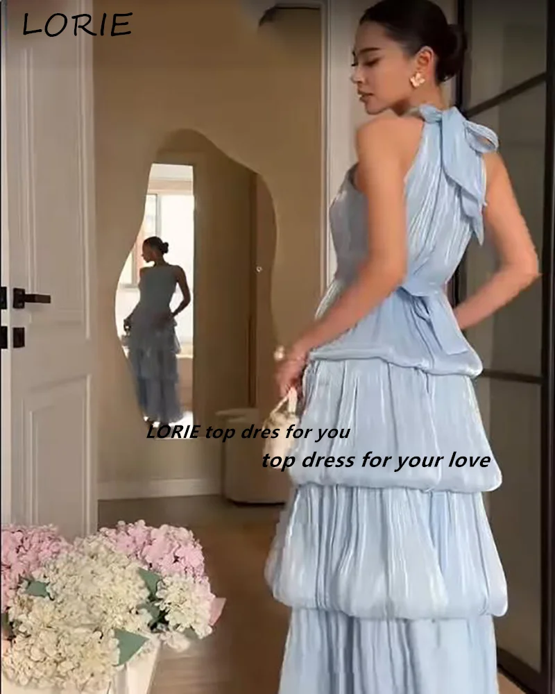 

LORIE Sparkly Halter Prom Dresses A-Line High Collar Pleats Shiny Ankle Length Ball Ruffle Party Dress Customized Cocktail Dress
