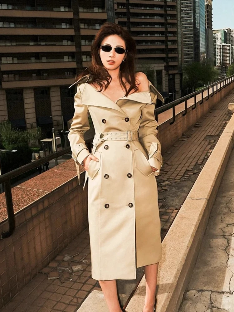 

Khaka Large Lapel Trenchcoat Coat Women Fall/Winter Elegant Retro Waist Lace-Up Double-Breasted Long Jacket Windbreaker 2025 New