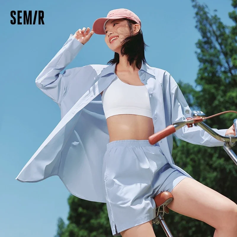 

Semir Shirt Women Mid-Length Shirt with Split Hem A-line Shorts 2024 New Autumn Solid Color Loose Two-Piece Set for Commuting