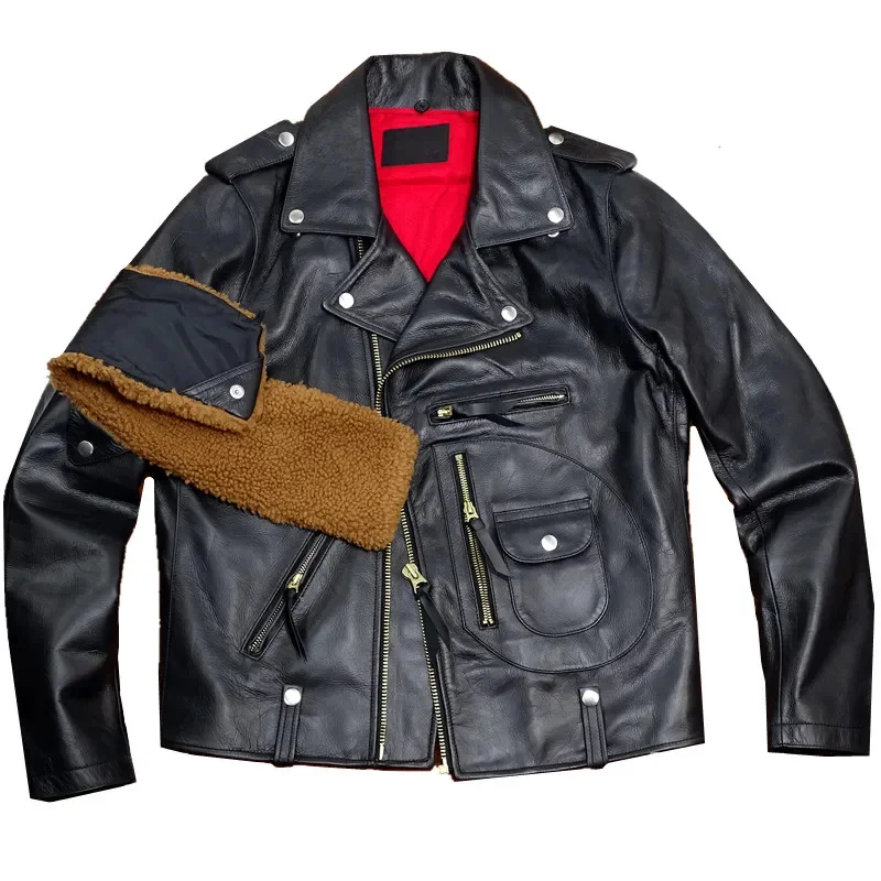 

Leather Jacket for Men Cowhide Slim Warm Thick Mouton Collar Detachable Classic Motorcycle J-24L Autumn Winter Vintage Clothes