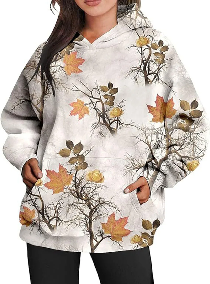 Autumn Winter Fashionable Streetwear Long Sleeve Pullover Chinese Style Chrysanthemum Maple Leaf Print Ladies Sweatshirts