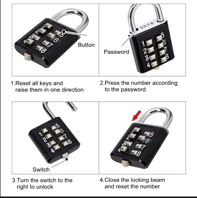 Preset Code High-Quality Aftermarket Eight-digit Button Zinc Alloy Password Lock School Airport Backpack Travel Lock Waterproof