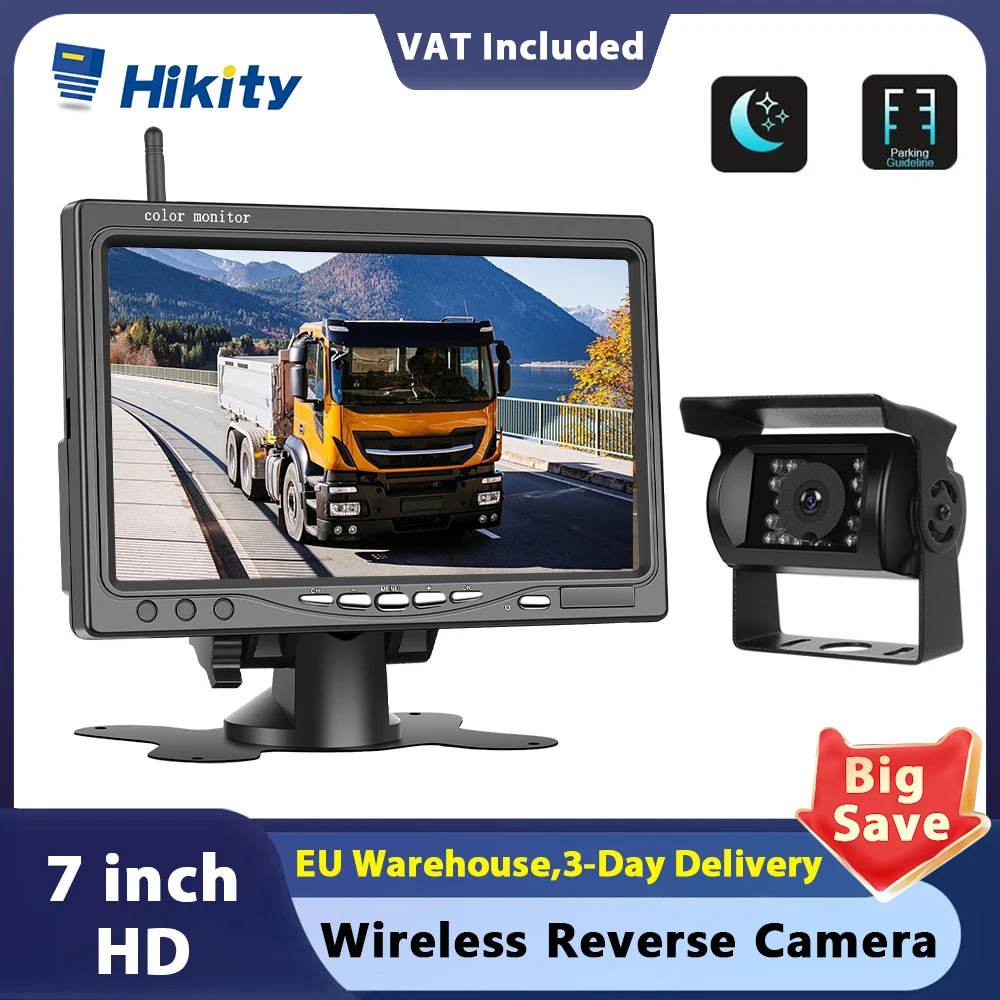 Hikity 7 Monitor per auto Telecamera per retromarcia wireless Anti-interferenza IP68 Visione notturna a infrarossi impermeabile con 1 telecamera con BSD
