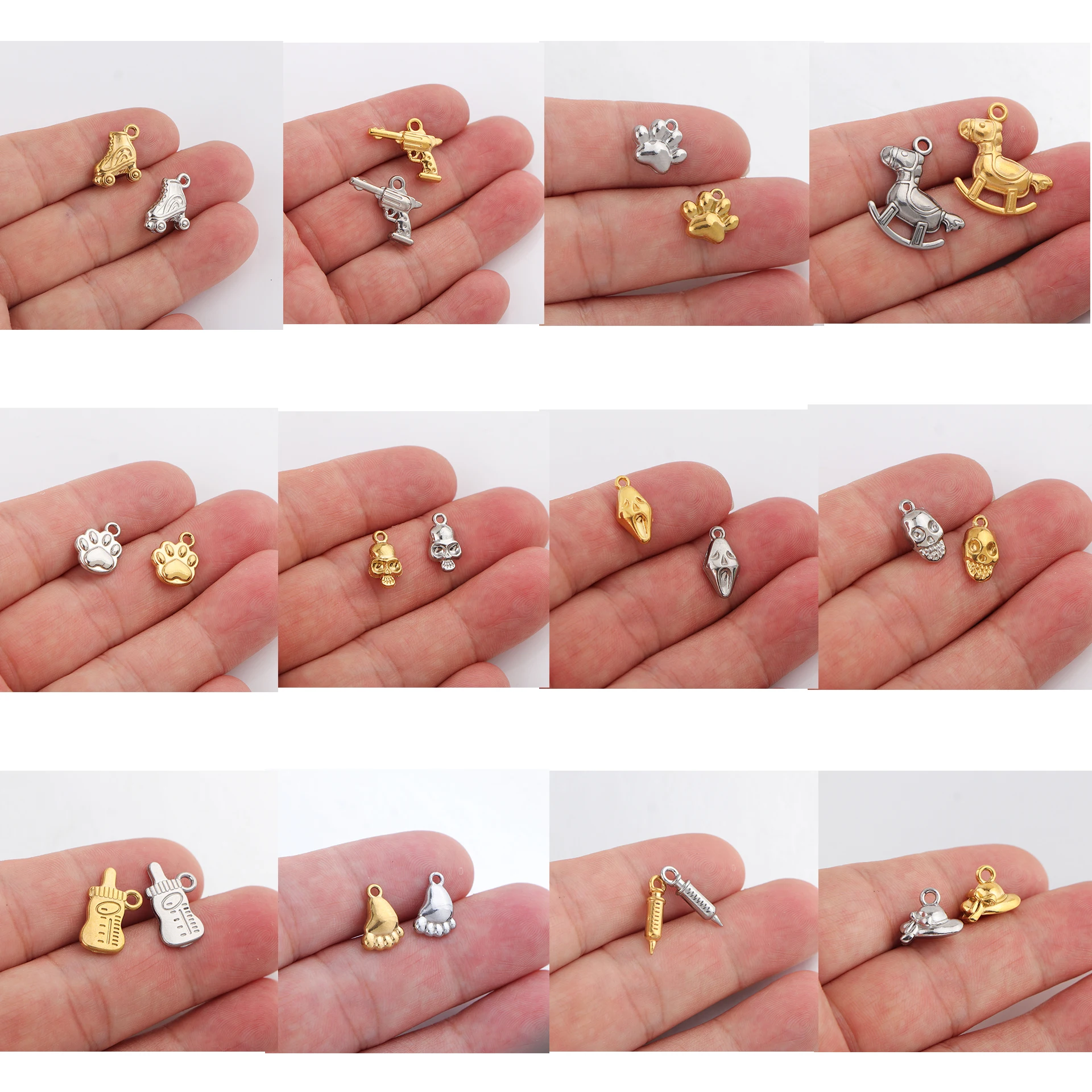 5pcs/lot Stainless Steel Roller Skates Pet Claw Horse Skull Bottle Foot Syringe Hat Katana Charms Pendant DIY Jewelry Making