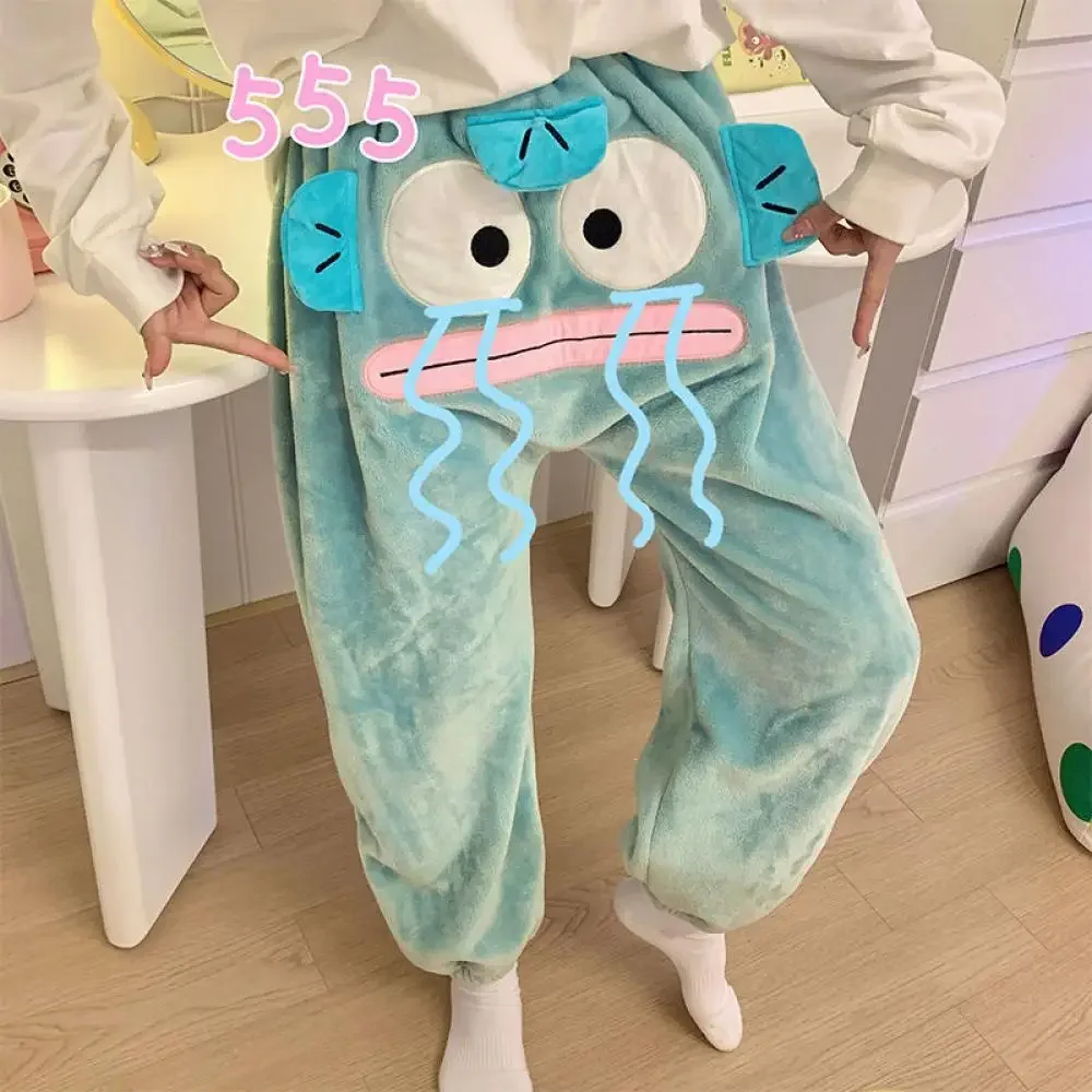 Pantalones de pijama de felpa Kawaii Hangyodon Sanrioed para mujer, ropa de hogar de lana Coral cálida de Anime para invierno, pantalones gruesos, bonitos y suaves