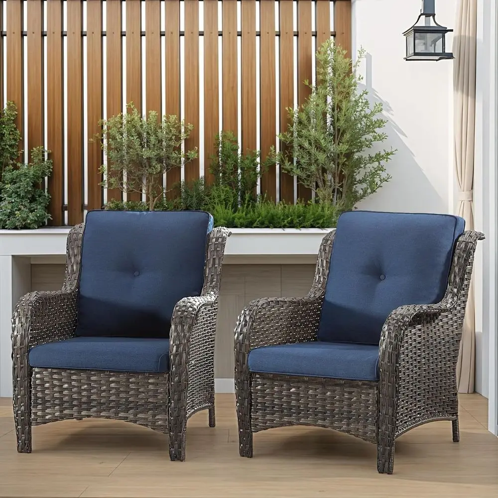 

Set of 2 Blue Patio Wicker Dining Chairs with Cushions, High Back and Curved Armrests for Outdoor Spaces