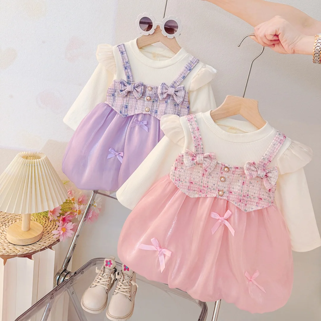 

Baby Girl Clothes Spring And Autumn Bow And Daisy Pattern Fake Two Pieces Fluffy Girl Kid's Dress Cute Gentle Baby Girl Dress