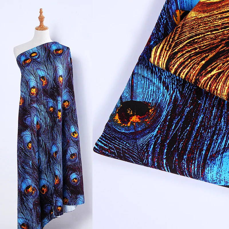 

Designer Personality Peacock Feather Printed Fabric Printed Polyester Sateen Fabric Shirt Dress Bag Fabric Micro Elastic Fabric