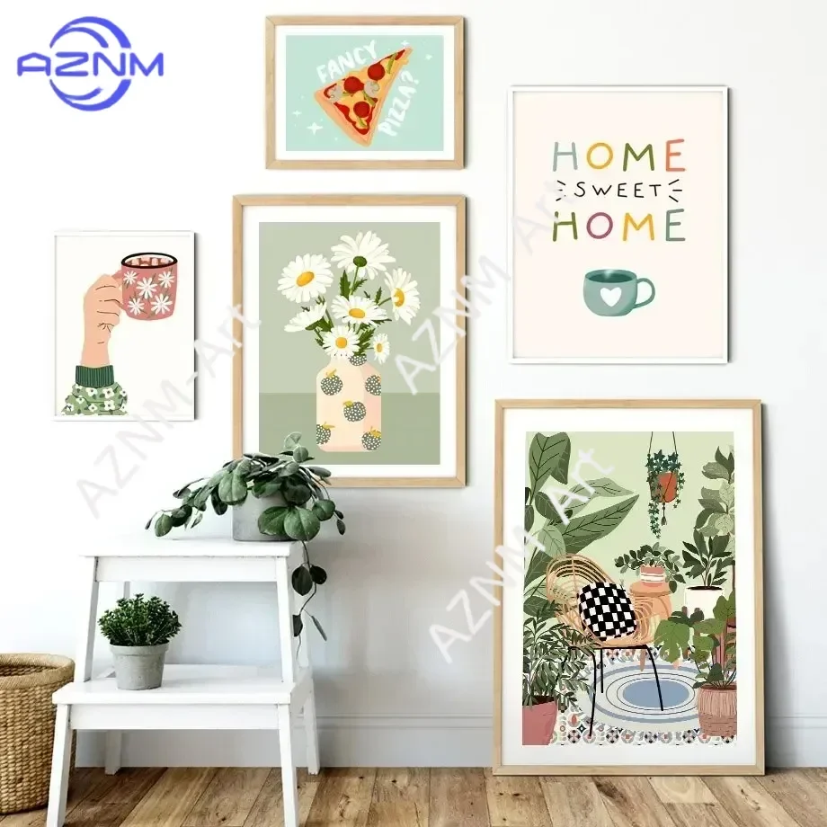 Tropical Plants Daisy Vase Pizza Coffee Cup Food Wall Art Minimalist Print Canvas Painting for Living Room Posters Home Decor