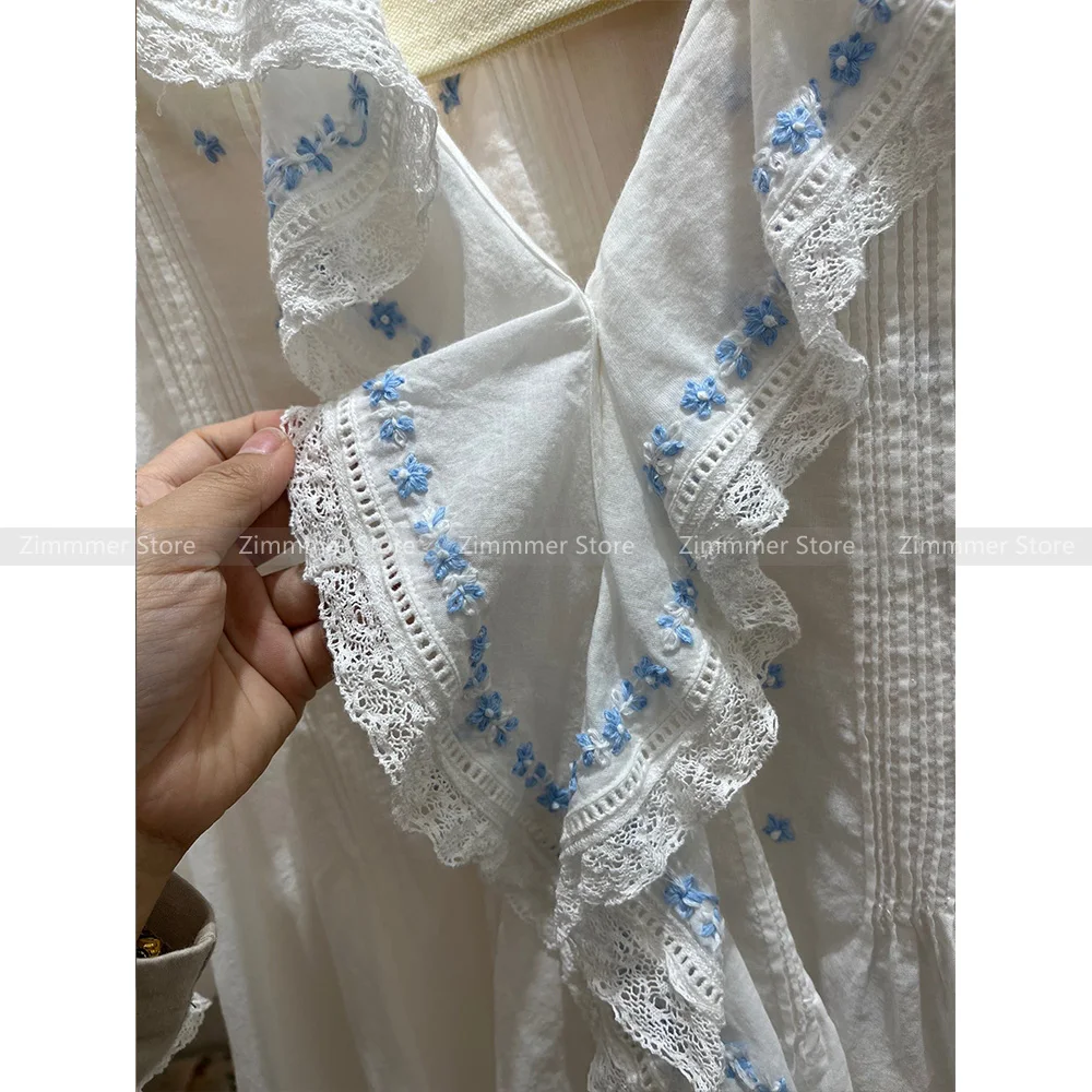 French niche gentle temperament sweet ruffled embroidered blouse cotton light 2024 summer sleeve shirt