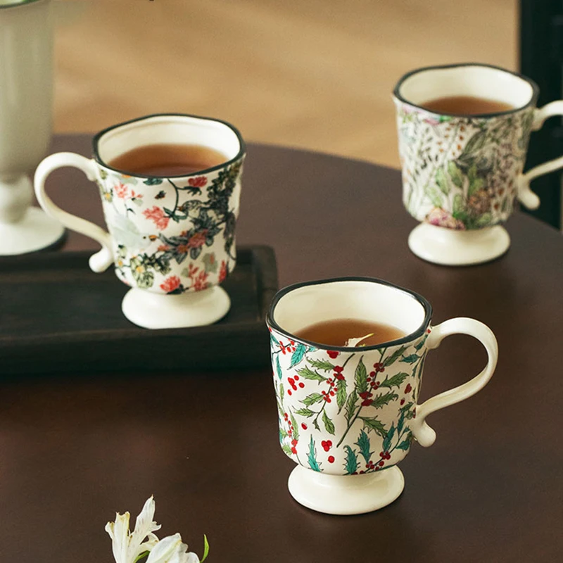 European Affordable Luxury Retro Style High Temperature Firing Ceramic Handmade Milk Goblet With Handle Hand Drawn Illustration