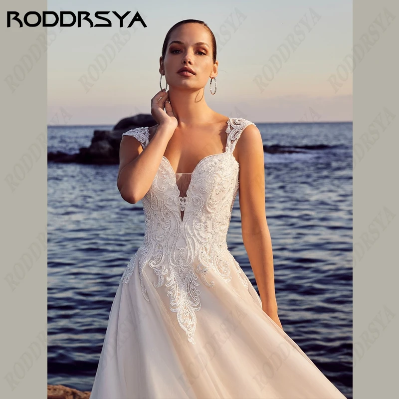 RODDRSYA Boho Wedding Dress For Women V-Neck Spaghetti Strap Backless Bride Gown Elegant Sleeveless A-Line Tulle Robe De Mariée