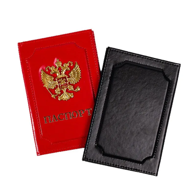 Unisex Russland Reisepass Reiseveranstalter PU Leder Ticketkartenetui Schutzhülle mit goldener russischer Abzeichenprägung