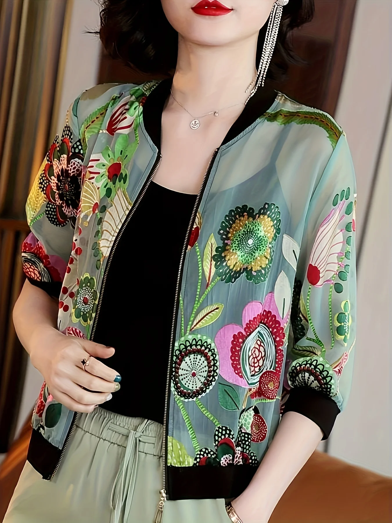 Chaqueta Bomber con estampado floral para mujer, abrigo informal con cremallera, chaqueta ligera con flores vintage, cuello alto a la moda, manga 3/4, primavera S