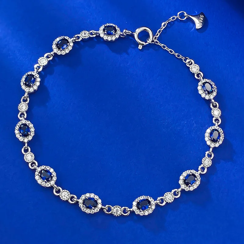 

New S925 Silver Simulated Sapphire 3 * 4 Oval Row Diamond Bracelet Women's Chinese Style Adjustable