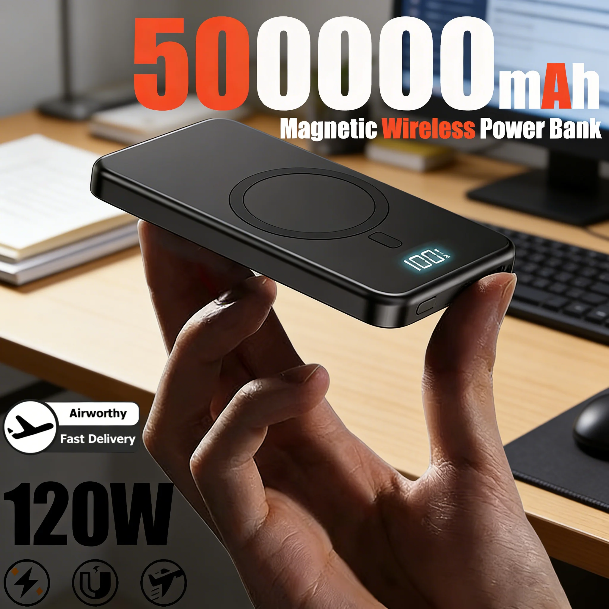 

50000 мАч Магнитный беспроводной внешний аккумулятор 3 в 1 PowerBank PD 22,5 Вт Быстрая зарядка Внешний аккумулятор Magsafe для iPhone 17 Huawei Xiaomi