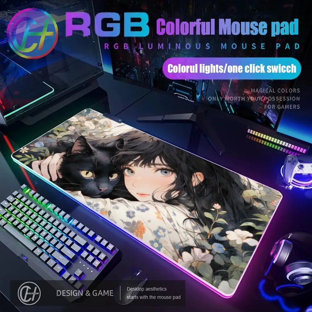 

90X40 см милый коврик для мыши с изображением кота и девушки RGB игровой коврик для мыши настольный коврик HD геймер большой светодиодный светильник XXL HYBXAXC коврик для мыши