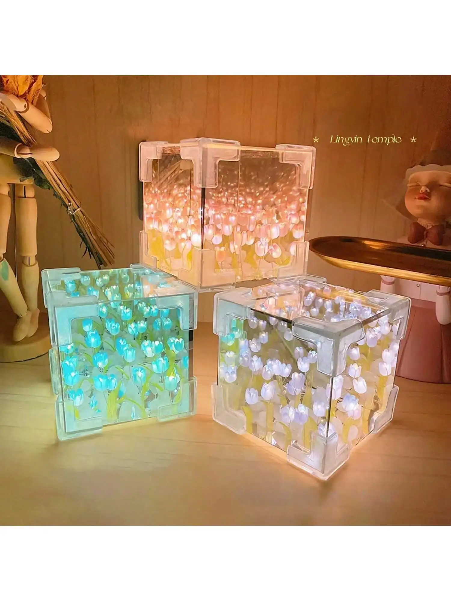 

DIY Tulip Cube Mirror Lamp Desktop Decorative Desk Lamp DIY 20 Tulips Night Light Handmade For Girls Friend Creative Gift Room D