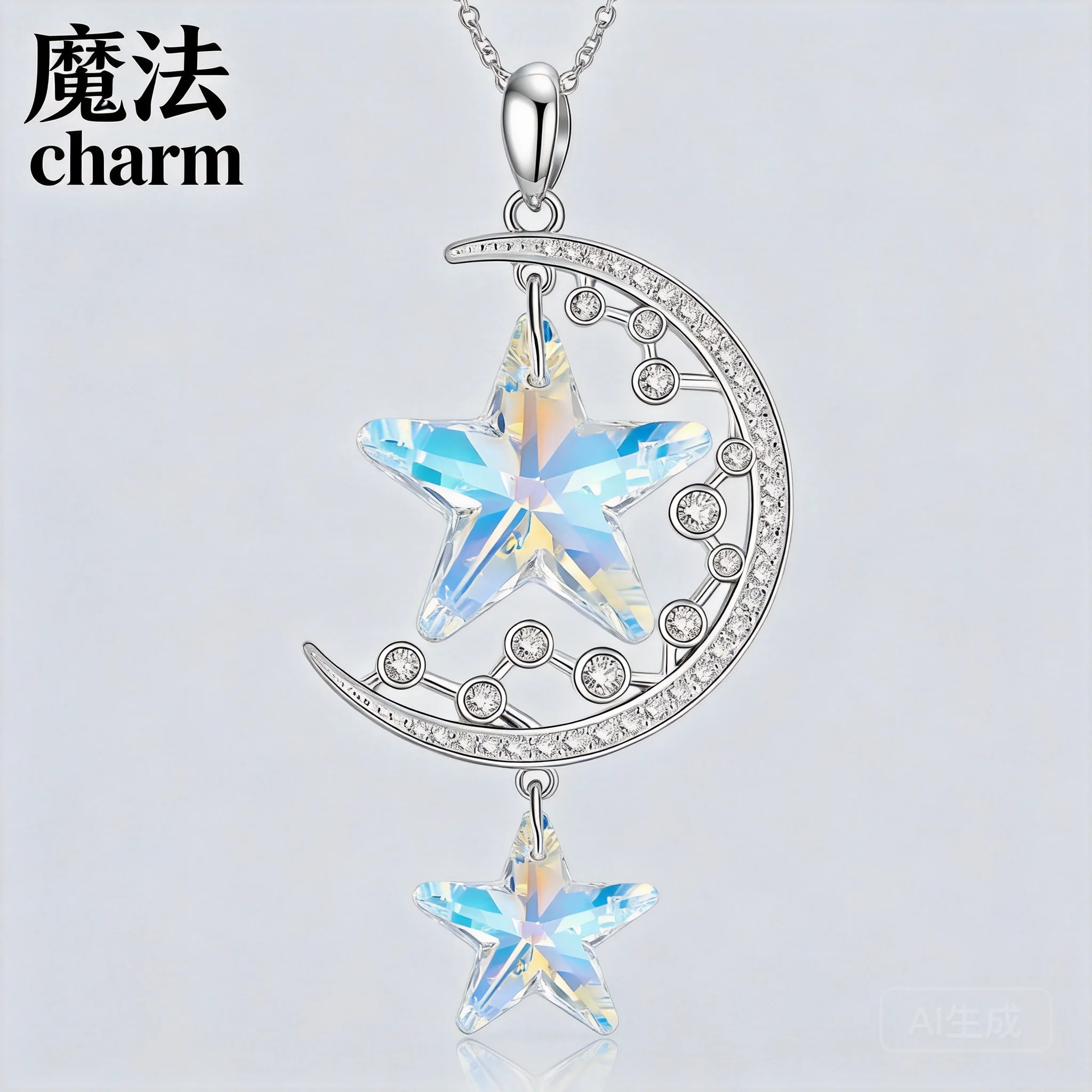 Chinese Style Lucky Blessing S925 Sterling Silver Iridescent Crystal Star Moon Pendant Necklace Cubic Zirconia Inlaid Women Clav