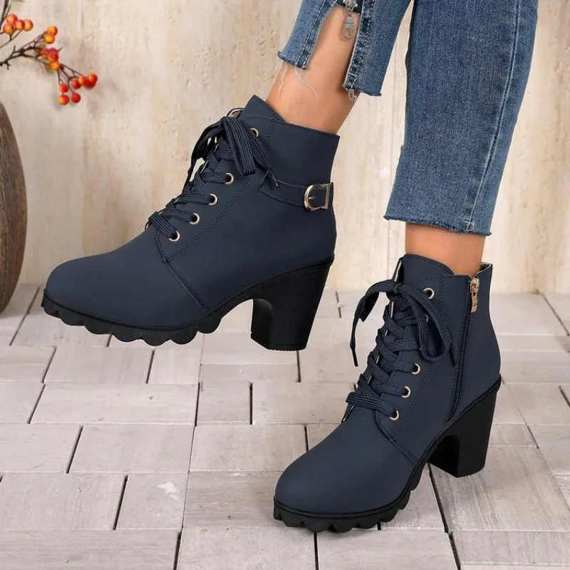 Women Ankle Boots Leather PU Elegant Mid Heels Retro Short Boots Fashion Pointed Toe Lace-up Black Summer Boots Plus Size 35 43