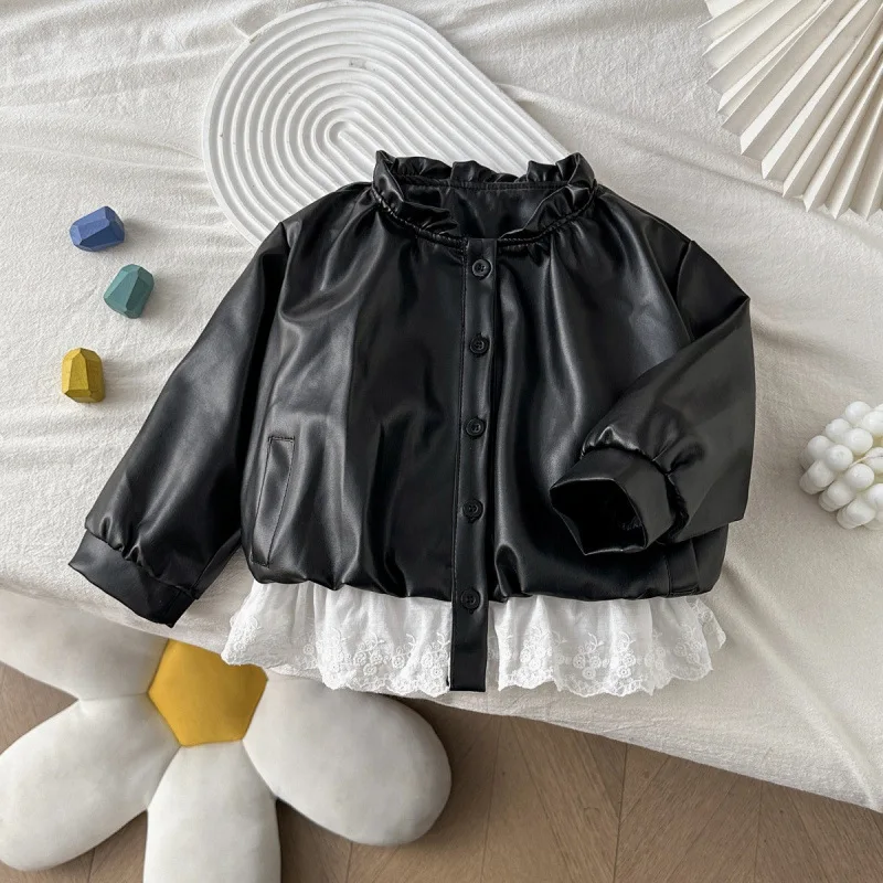 

2025New Autumn Korean Children's Clothing for Girls Fashionable and Stylish Girl Mori Style Lace Trim Patchwork Leather Jacket