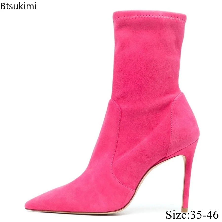 2026 Women's Pointed Toe Suede Stiletto Boots Fashionable Elegant Versatile Mid-calf Boots New Sexy Ladies Boots Plus Size 35-46