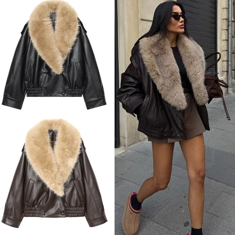

Women's Jacket 2025 New Fashion Autumn Winter Pebble Textured Imitation Leather Jacket Detachable Large Fur Collar Women Coat