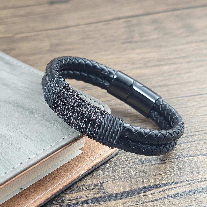 Luxury Men Bracelet Stainless Steel Leather Chain Combination Multi-color Optional Custom Size Fashion Male Jewelry Gift Choice