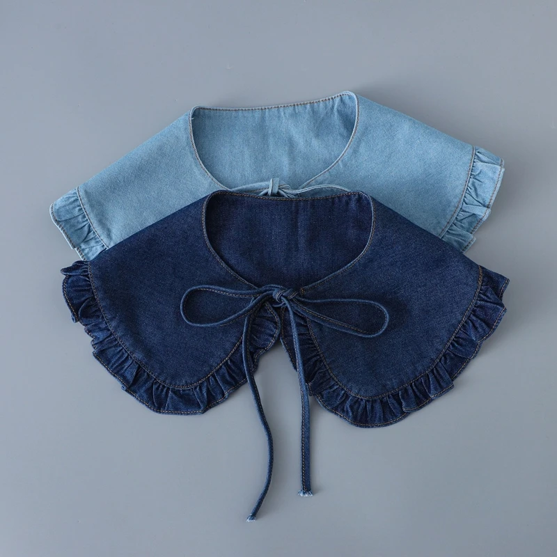 Sweet Blue Denim Ruffle False Collar Women Detachable Lapel Shawl Collar Sweater Blouse Decorative Shoulders Cape view 2