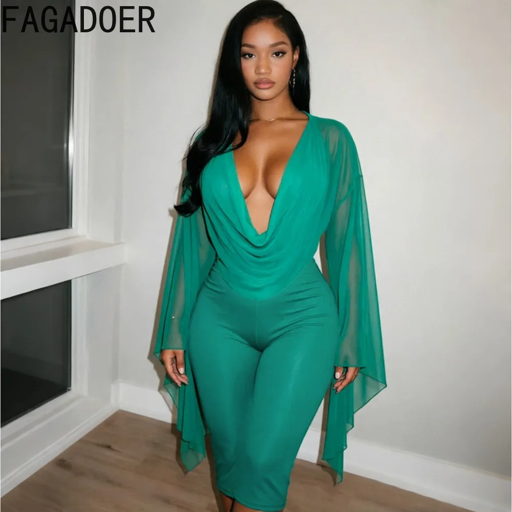 FAGADOER Women 2 Piece Pants Set Deep V Cowl Neck Mesh Flare Sleeve Top Bodycon Capri Pants Sexy Club Party Going Out Outfit