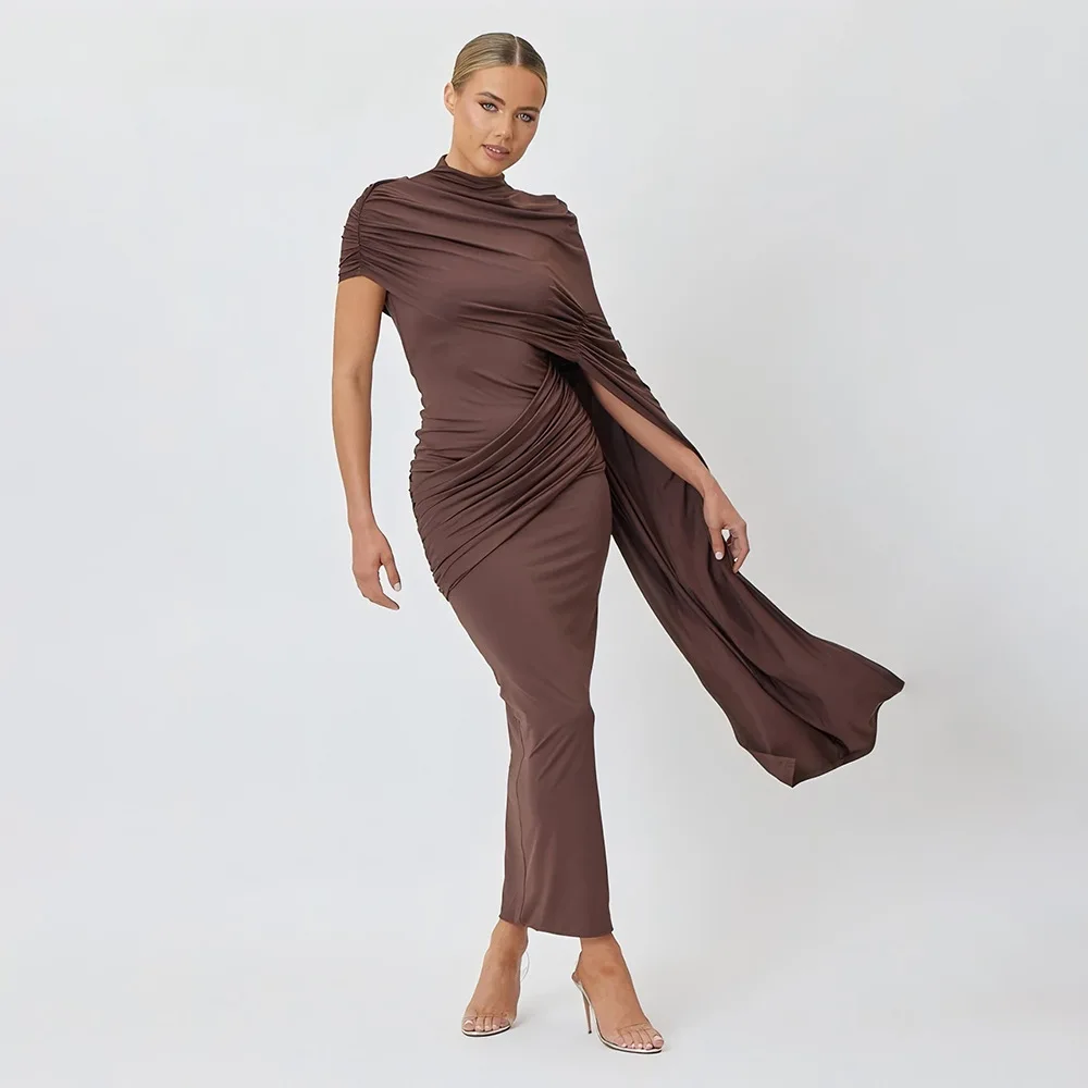 Vestido de fiesta con capa marrón, cuello alto, manga corta, tubo largo, vestido de novia para fiesta, informal, Formal, para invitados, boda, cumpleaños