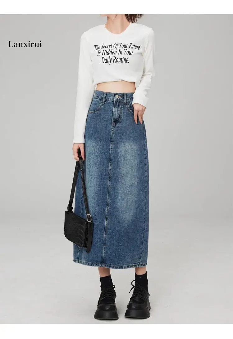 

Denim Skirt Long Women Blue Solid A-line Skirts Fashion Lady Streetwear Casual Pocket High Waist Jeans Skirt Office Maxi Skirt