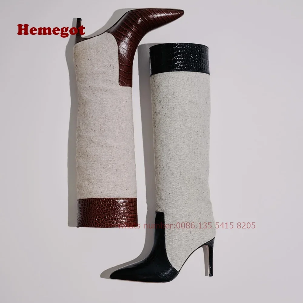 Long Pointed Boots Croco-Embossed and Suede Patchwork Women\'s Knee High Boots Thin Heels Slip On Glossy Brand Casual Shoes 2024