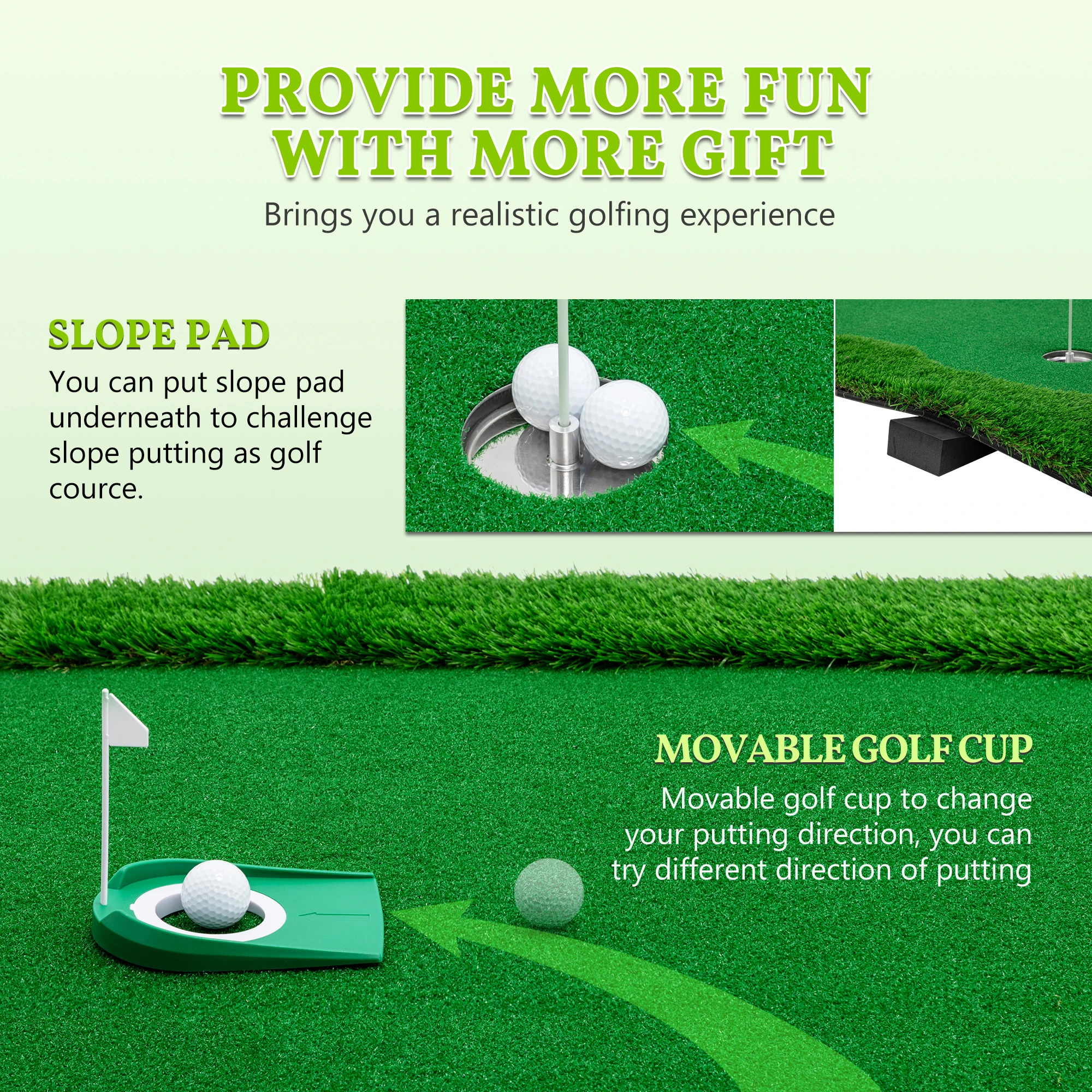 10x5 FT Golf Putting Green เสื่อฝึกซ้อมกอล์ฟพร้อมสนามหญ้าคุณภาพสูง 3 หลุม 3 ธงและถ้วยสําหรับในร่มกลางแจ้ง