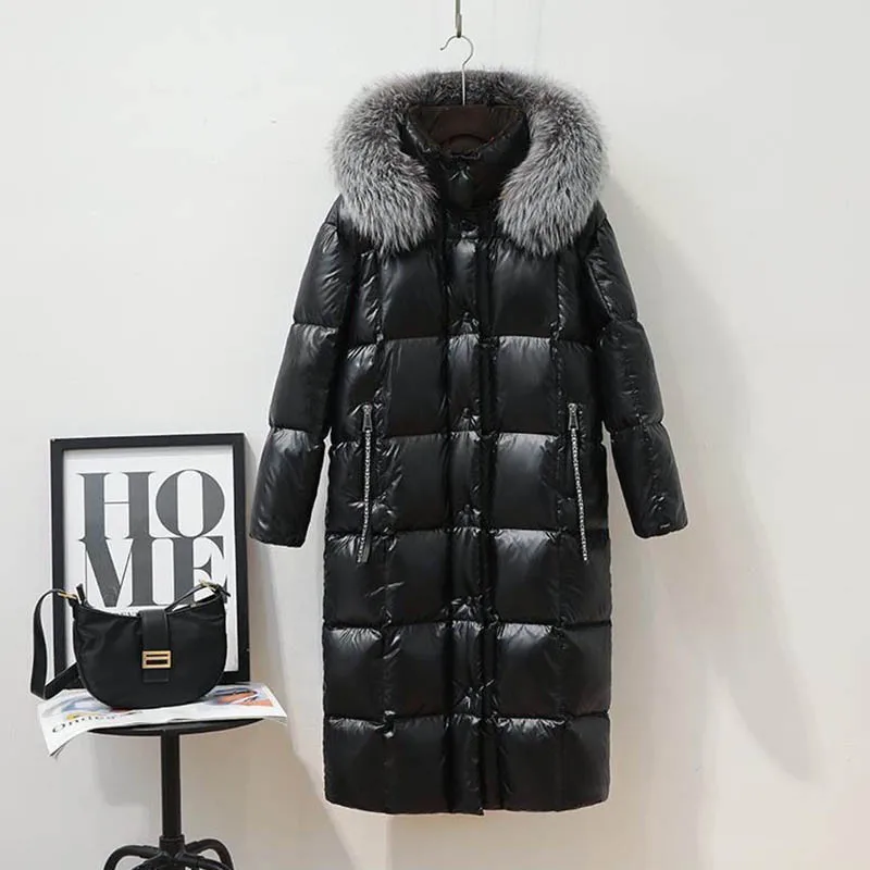 New Down Korean Women Knee-length Black Glossy Warm Fur Collar Cotton-padded